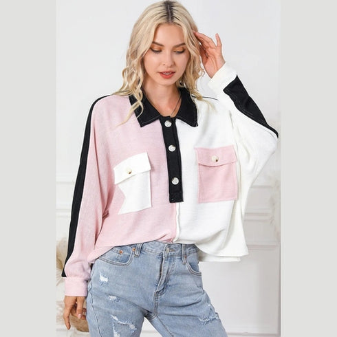 'Thalia' Black & Pink Colorblock Blouse - Celes Fashion